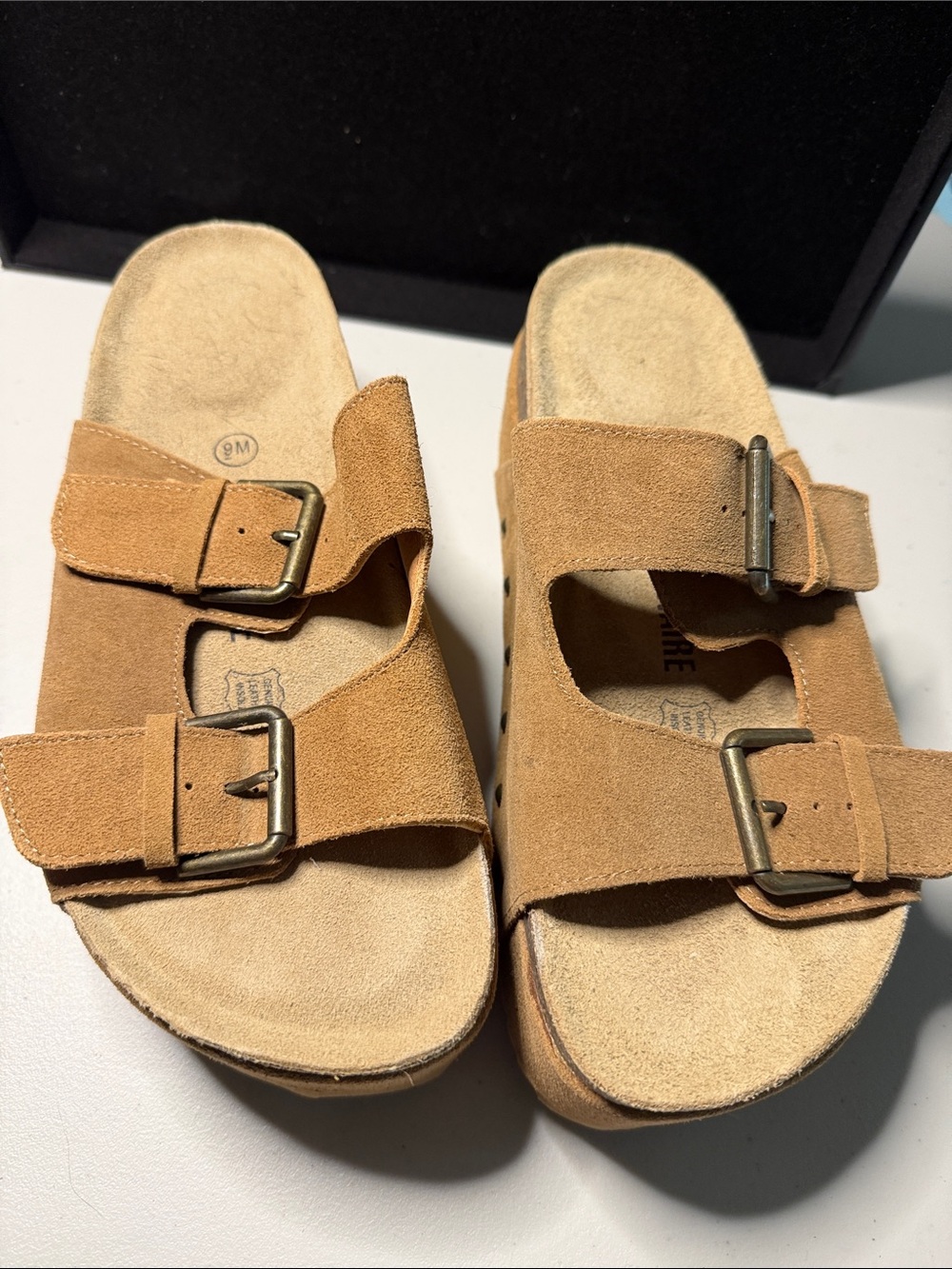 Women’s Double-Buckle Suede High Slide Sandals in Tan Suede Never Worn